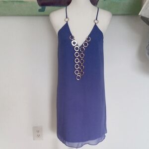 Chic Blue Sleeveless Dress with Gold Accents